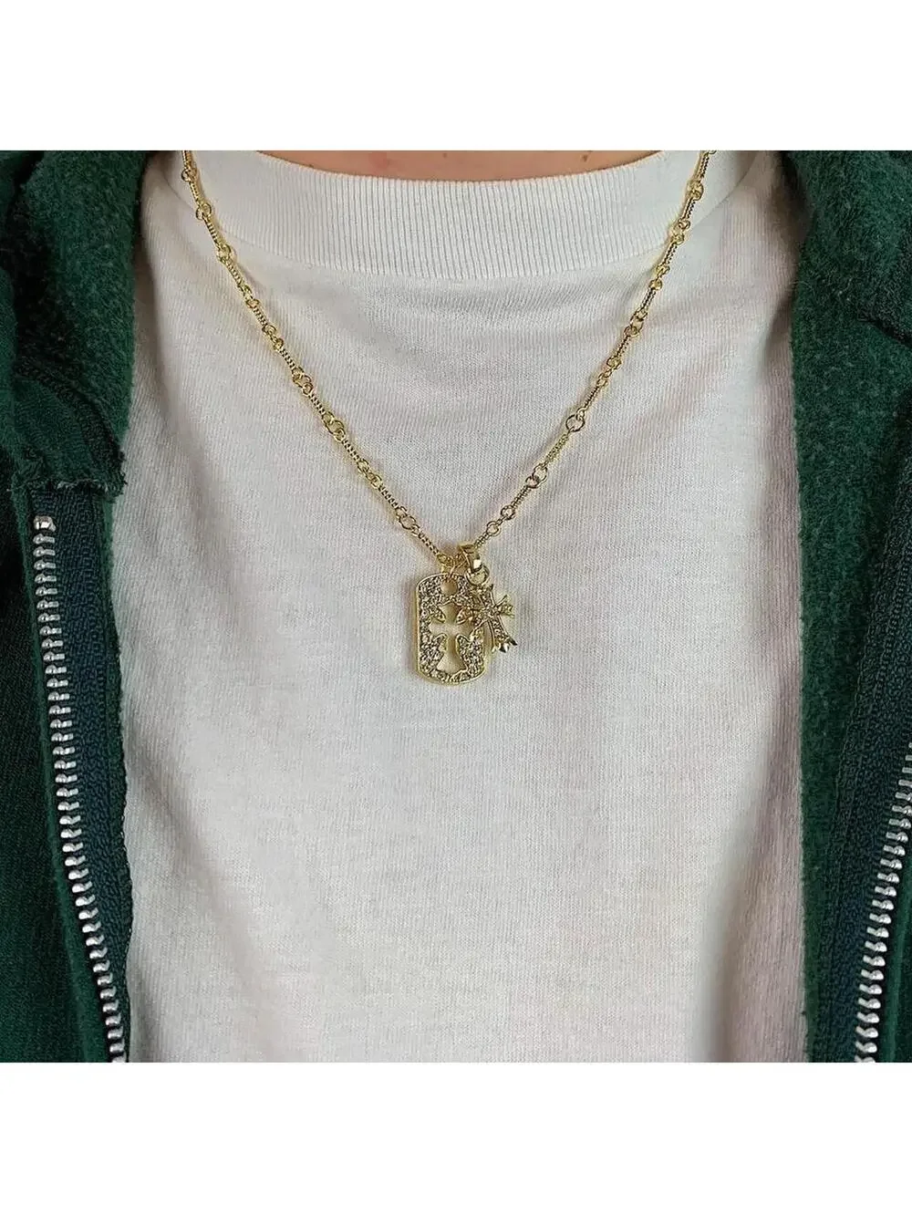 y2k 2000s style grunge gold chrome rhinestone cross dog tag style pendant